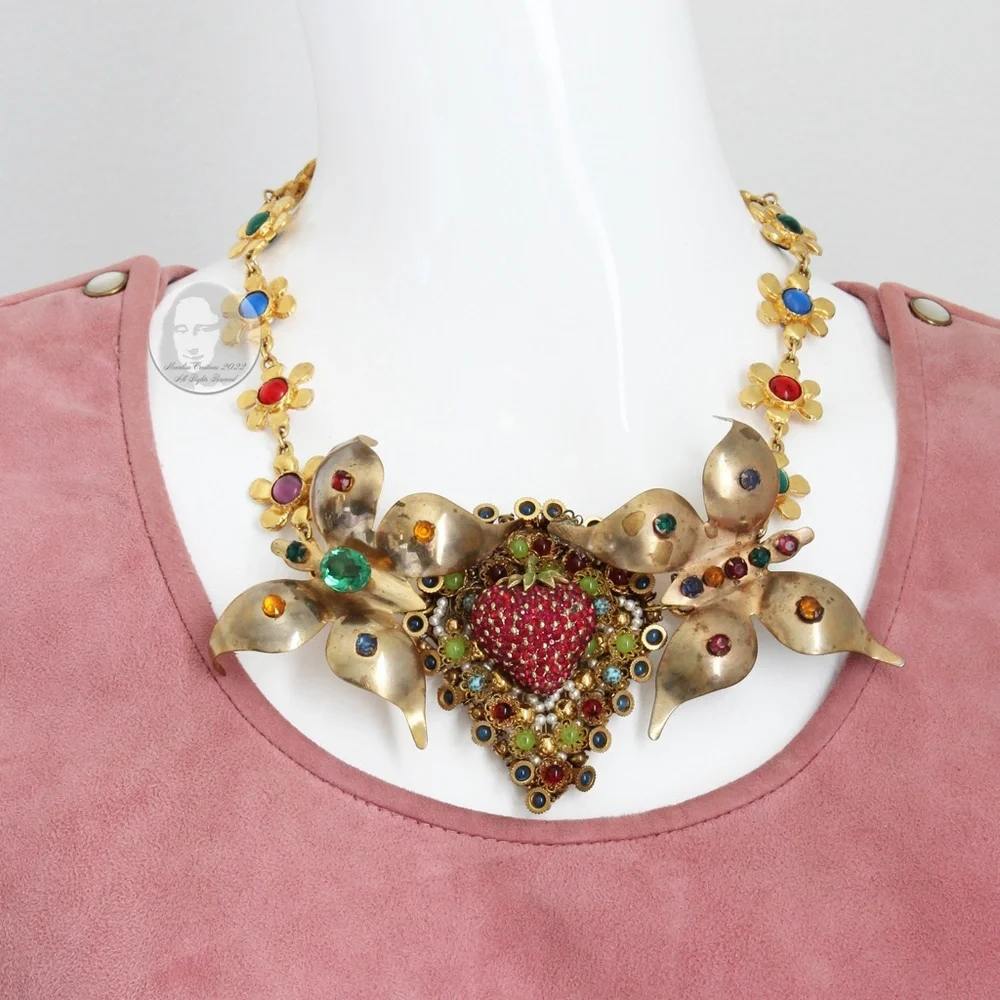 Vintage Butterfly & Berry Necklace Rhinestones Florals By Stephanie Lake Design